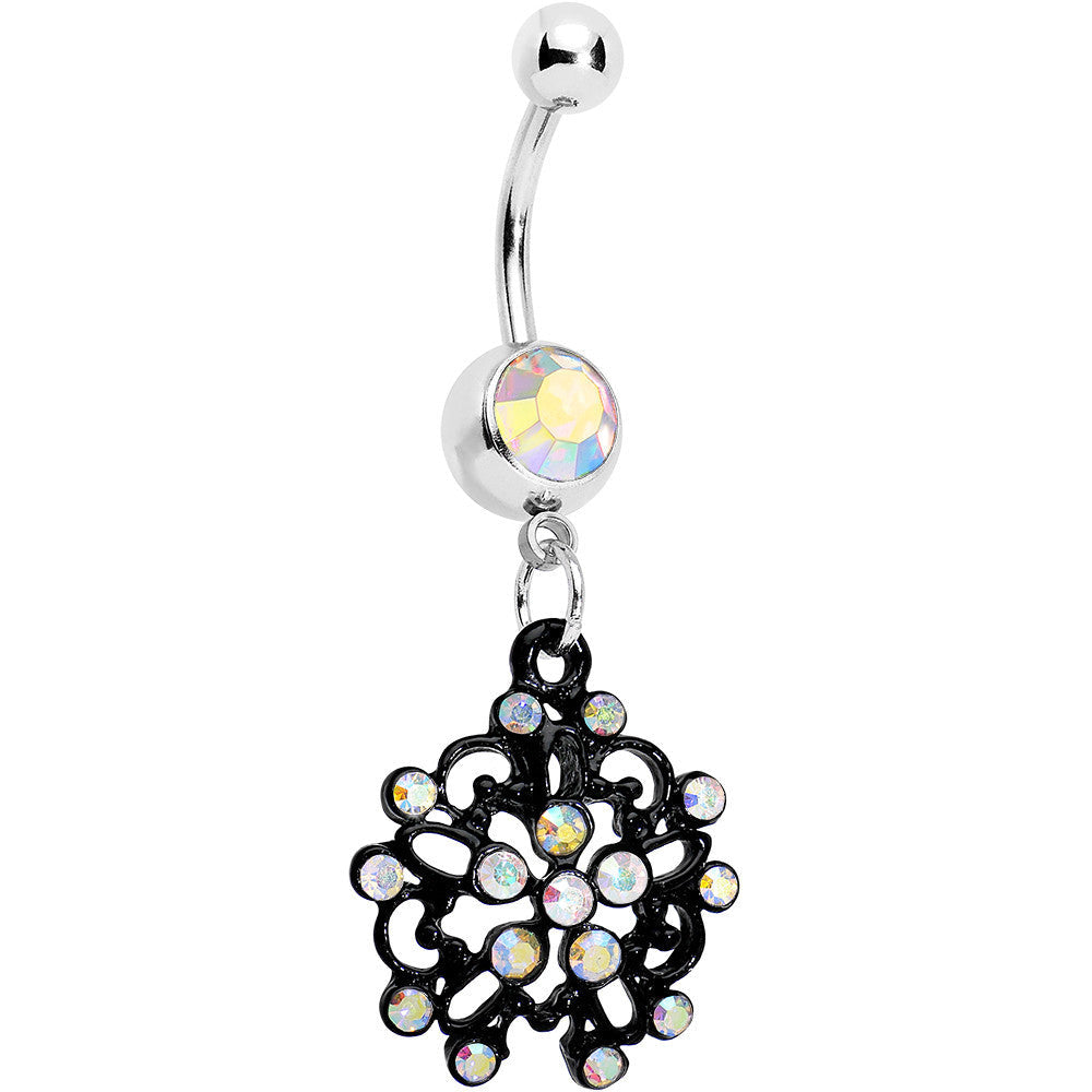 Aurora Czech Stone Black Intricate Snowflake Dangle Belly Ring