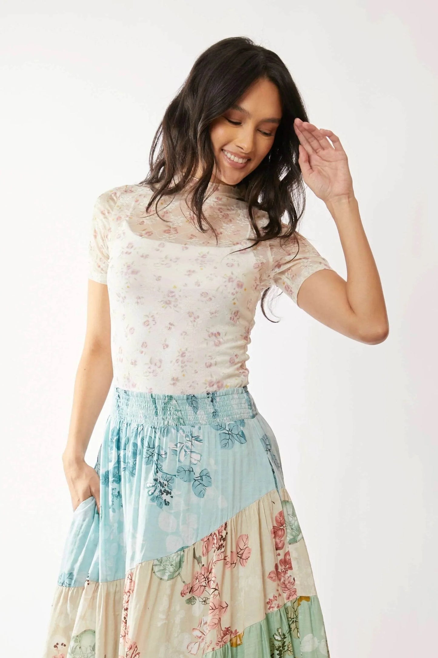 Davi & Dani Floral Mesh Mock Neck Short Sleeve Top