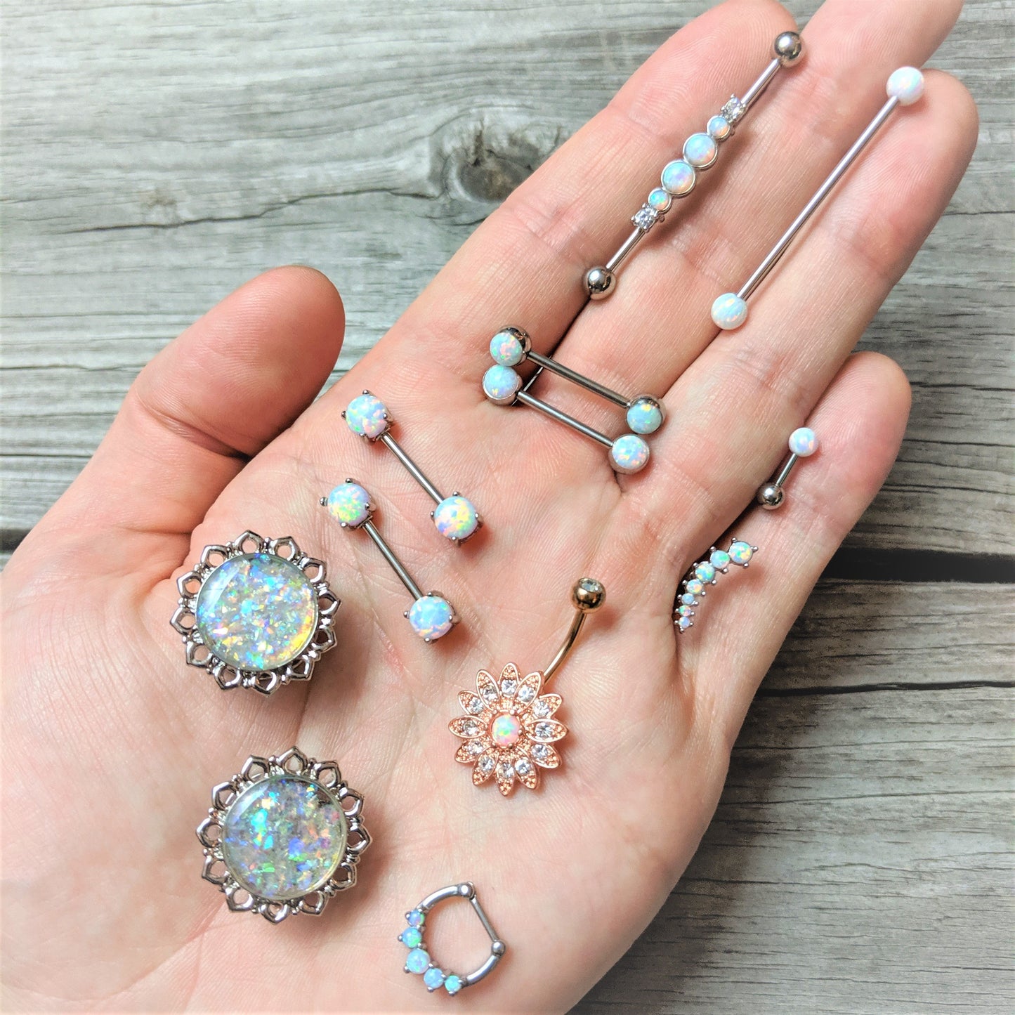 White Faux Opal Clear Gem Rose Gold Plated Fancy Flower Belly Ring