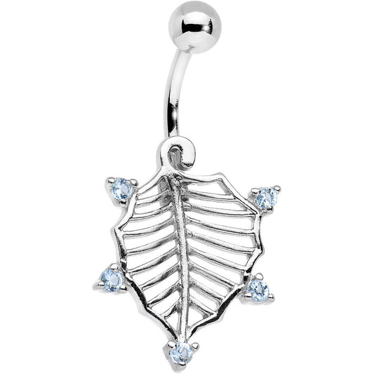 Aqua Cubic Zirconia Steel Skeletal Leaf Dangle Belly Ring