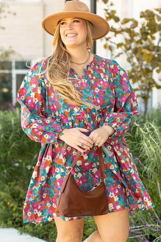 Plus Size Floral Print Shirred Ruffle Mini Dress