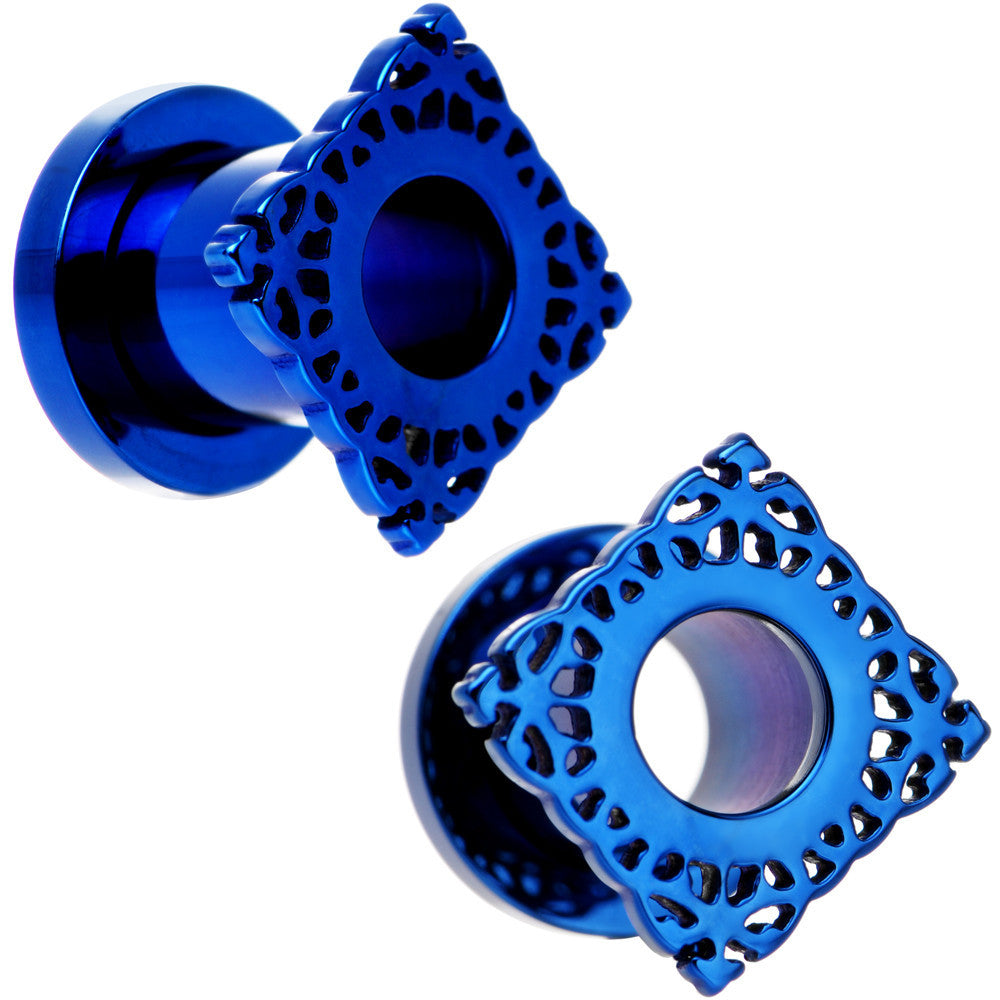 0G Blue PVD Filigree Frame Screw Fit Tunnel Plug Set