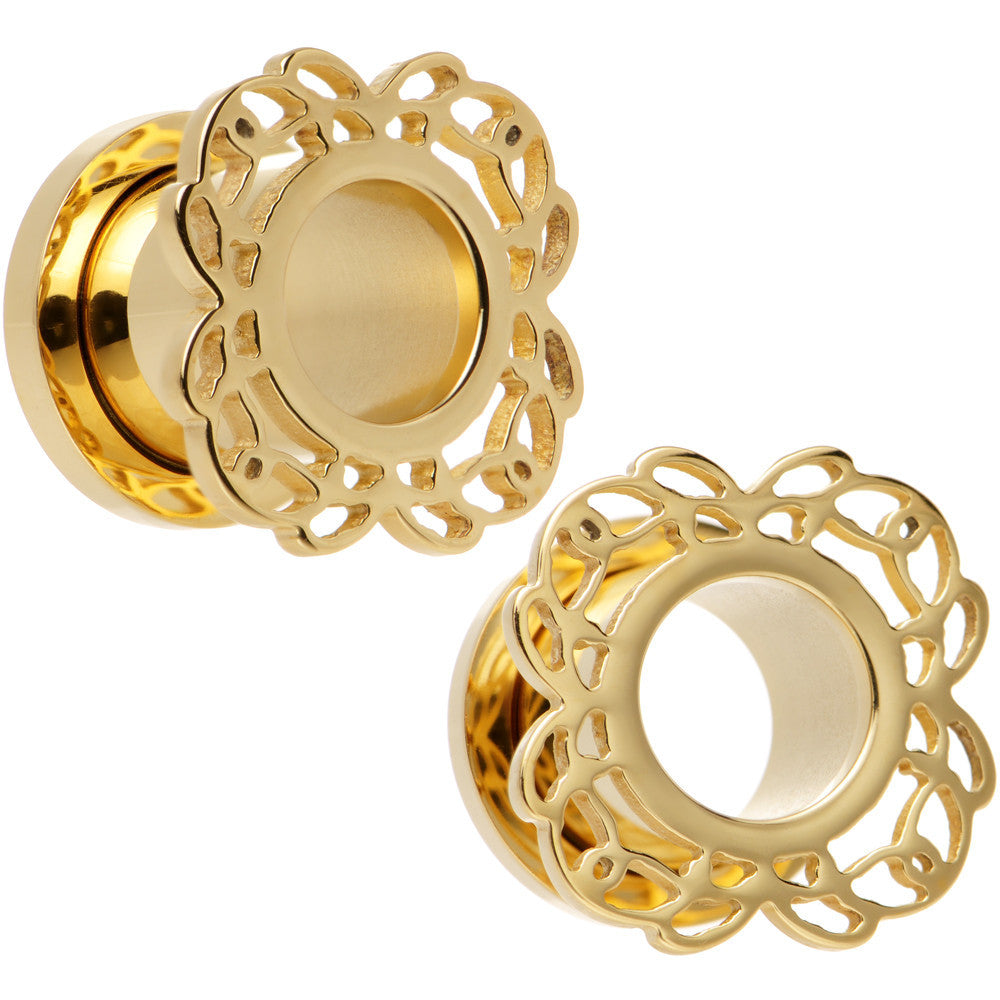 00G Gold PVD Filigree Flower Screw Fit Tunnel Plug Set