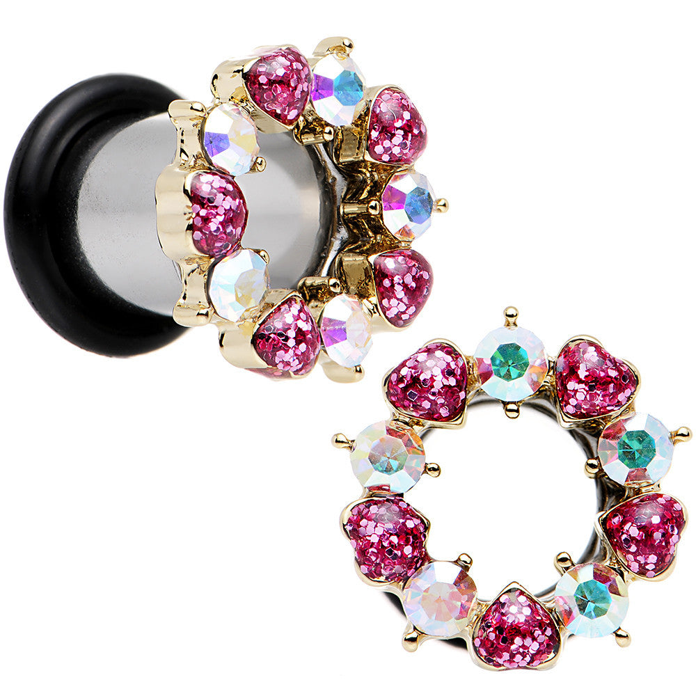 0G Aurora and Pink Gem Heart Wreath Single Flare Tunnel Plug Set