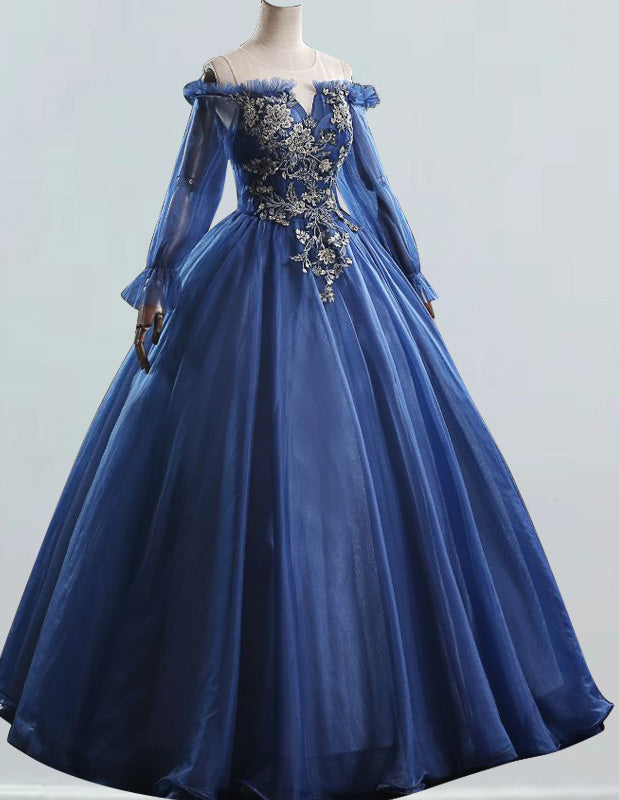 Navy blue scoop lace applique beaded tulle prom dress ball gown long sleeve princess evening party gown
