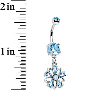 Aqua CZ Gem Synthetic Opal Snowflower Dangle Belly Ring