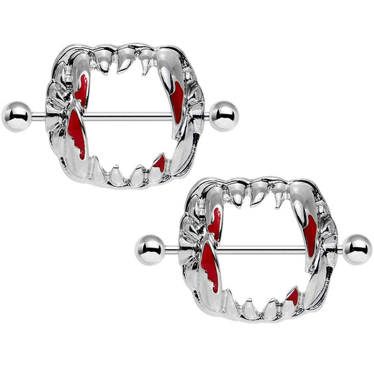 14G 1 1/8 Steel Dripping Red Vampire Fangs Barbell Nipple Shield Set