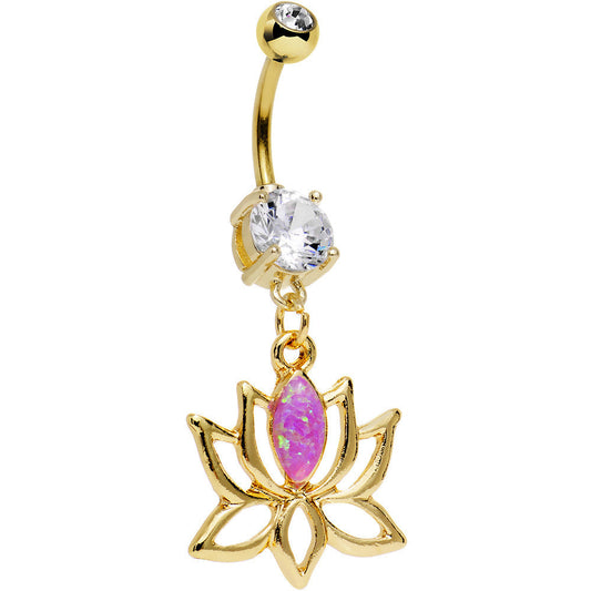 Clear Gem Pink Faux Opal Gold Plated Framework Lotus Flower Dangle Belly Ring
