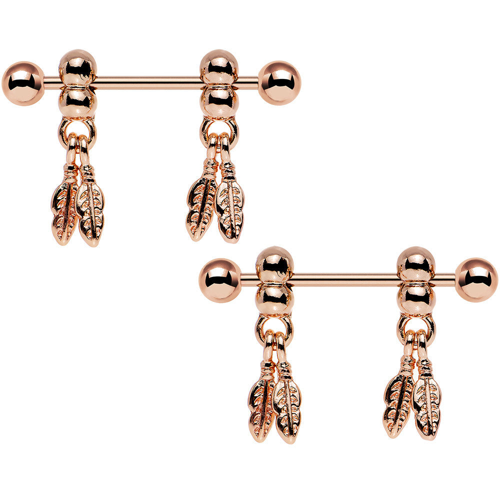 14G .94 Rose Gold Fair Weather Feather Dangle Nipple Ring Set