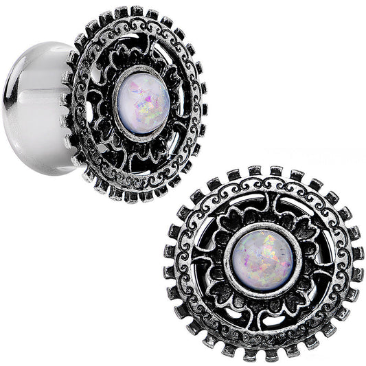 1/2 White Faux Opal Steel Finely Framed Double Flare Plug Set