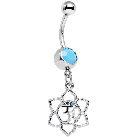 Faux Turquoise Aqua Gem Framework Lotus Flower Ohm Dangle Belly Ring
