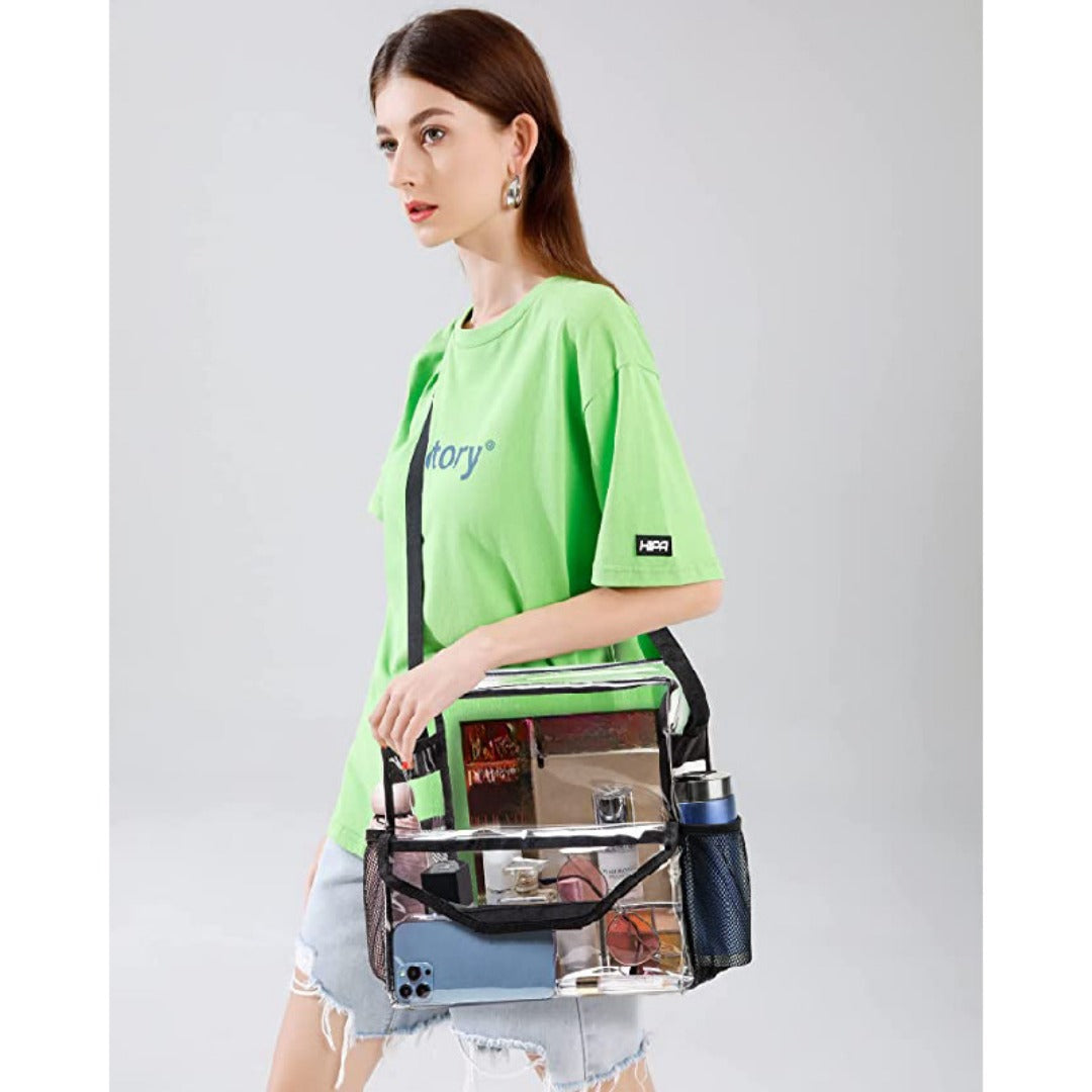 PVC transparent messenger bag, adjustable for travel sports events music venue, transparent shoulder bag large with compartments hobo