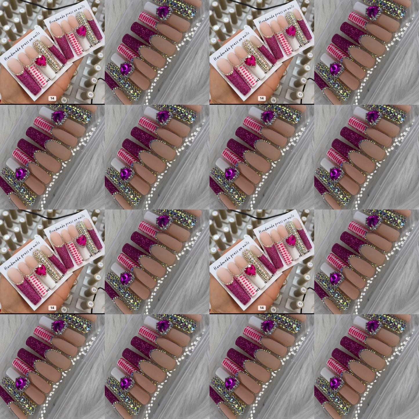 Pink long crystal press on nails