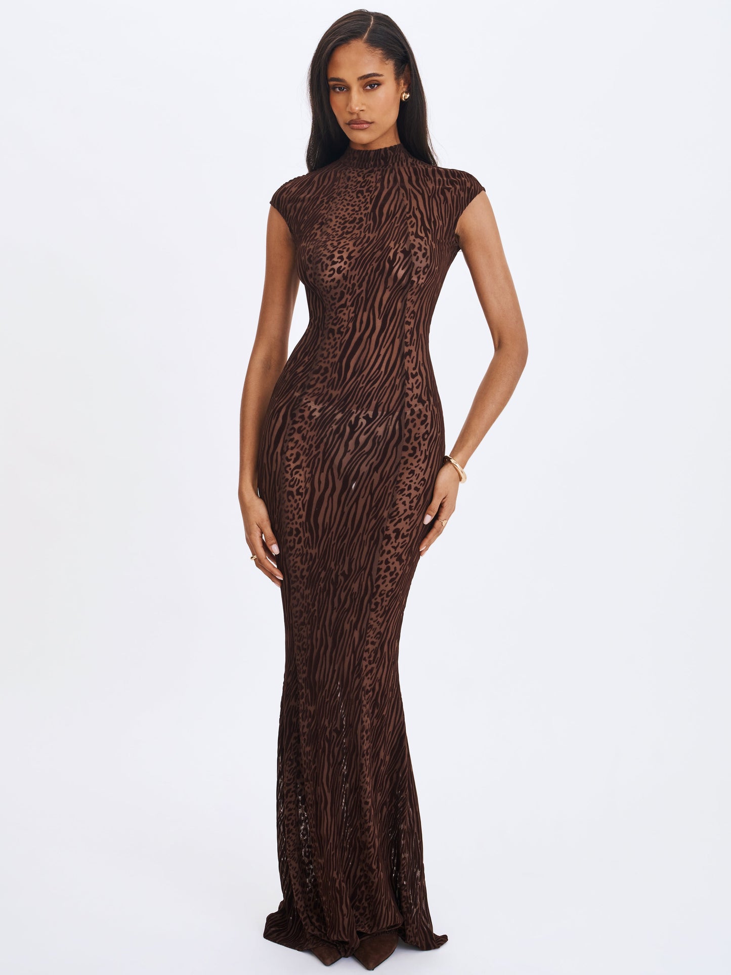 Tyanna Mocha Burnout Velvet Mesh Backless Mermaid Maxi Dress