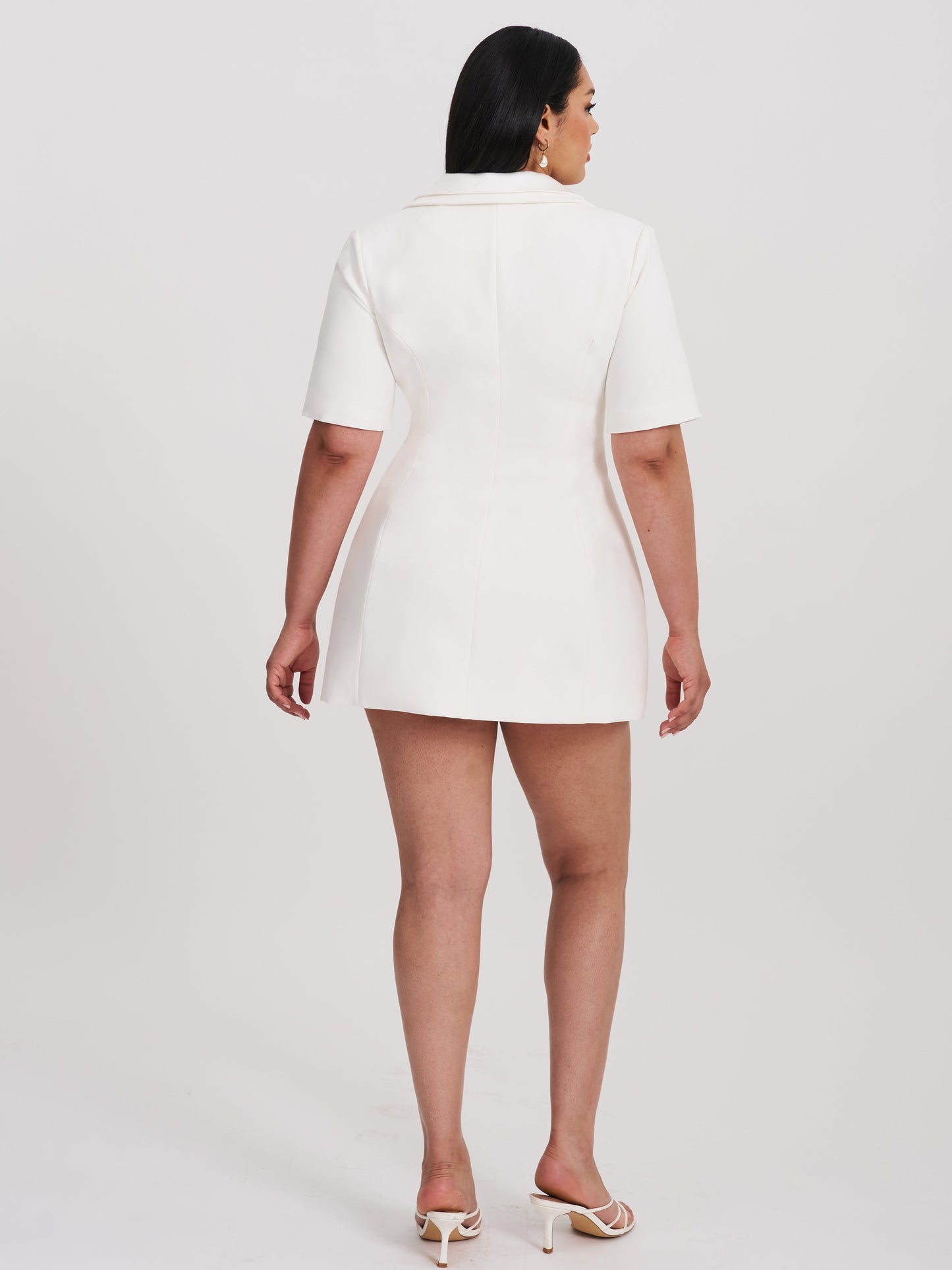 Madelina White Double Breast Satin Trim Blazer Dress