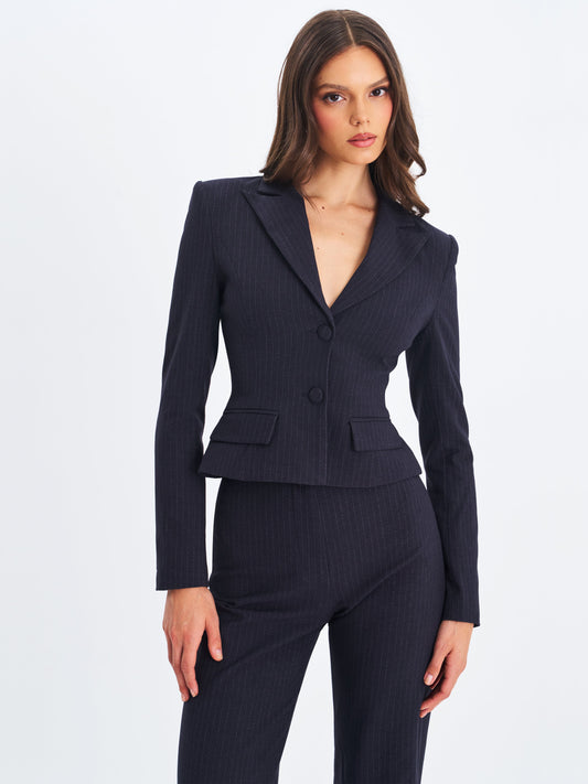 Quinne Navy Striped Single-Breasted Peplum Blazer