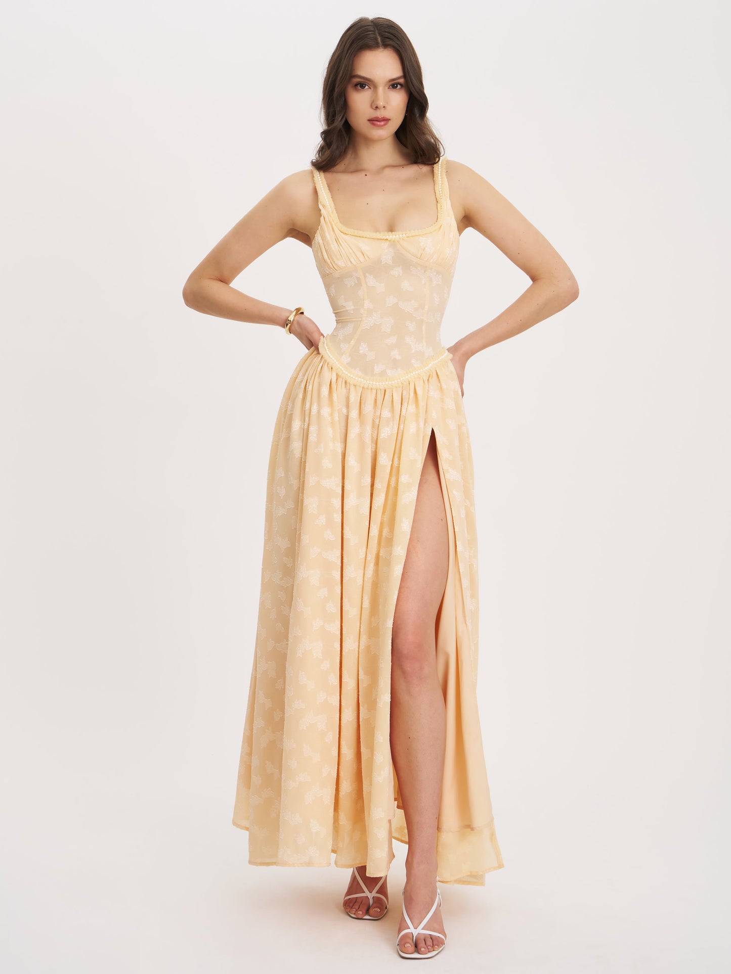 Ulissa Orange Square Neck Jacquard Textured High Slit Maxi Dress