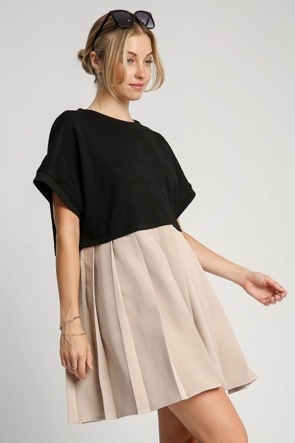 Umgee Full Size Round Neck Pleated Dress with Side Pockets Plus Size