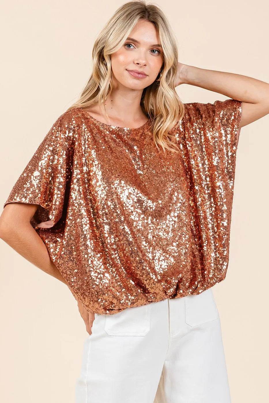 Mittoshop Sequin Short Sleeve Elastic Band Hem Top