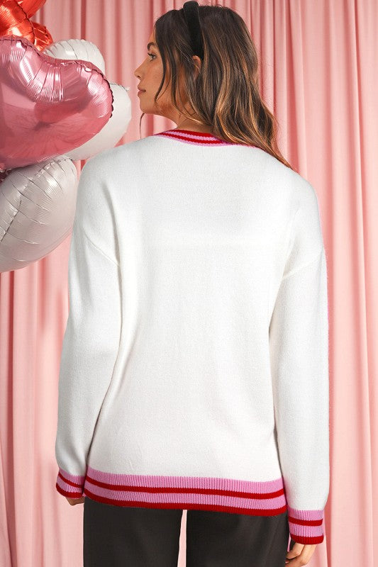 Christmas Stripe Trim Bow Crewneck Sweater