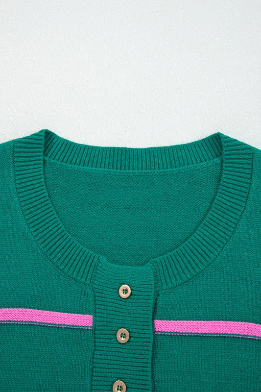Plus Size Stripe Half Button Drop Shoulder Sweater