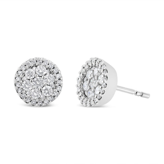 AGS Certified 14K White Gold 1.0 Cttw Brilliant-Cut Diamond Halo-Style Cluster Round Button Stud Earrings (G-H Color, I1-I2 Clarity)