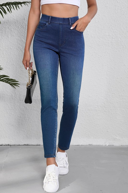 Blue Straight Leg Washed Stretchy Casual Jeans