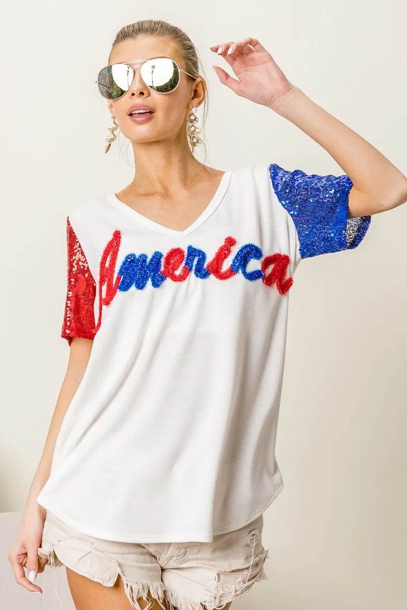 BiBi Metallic Letter V-neck Sequin Sleeves Top
