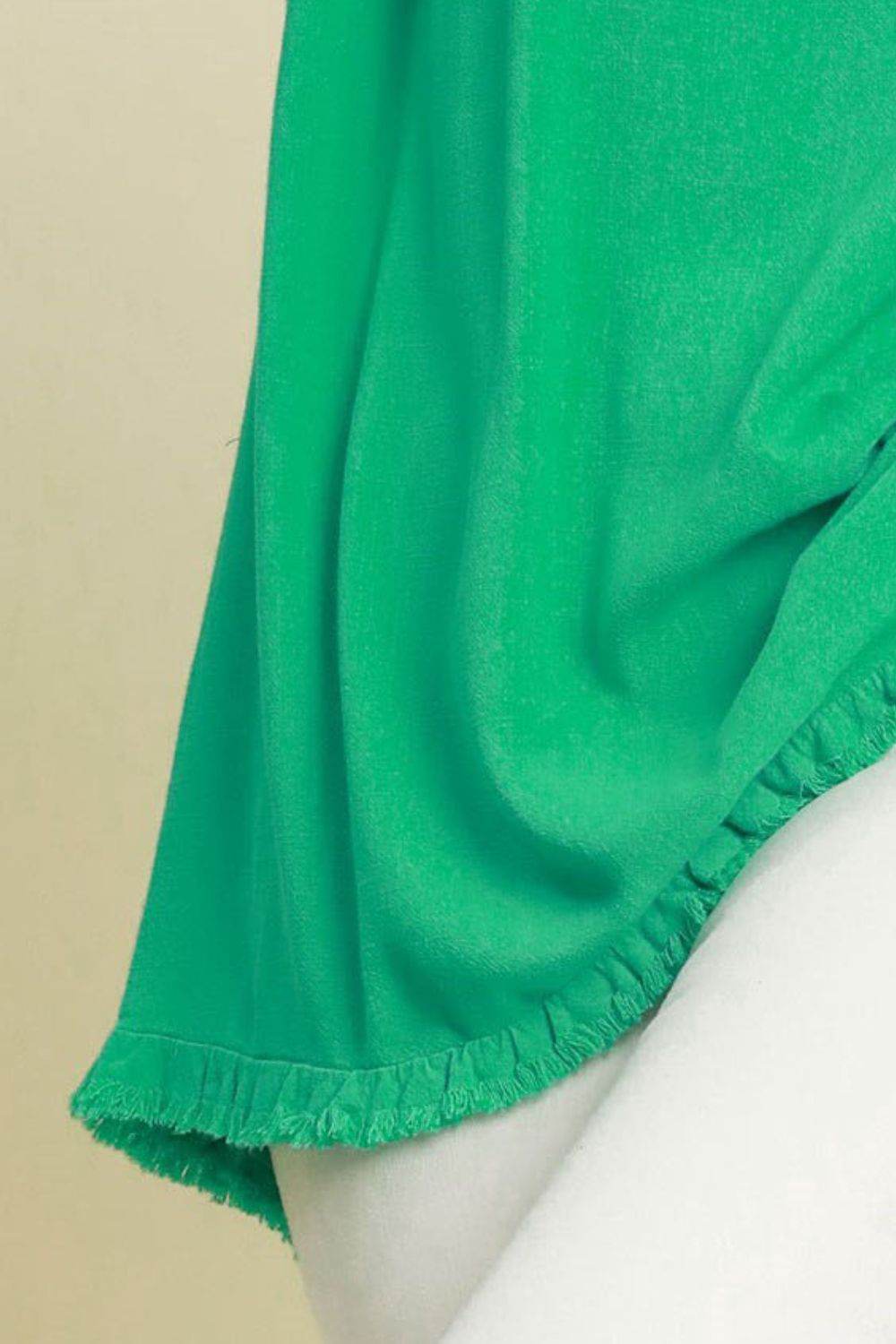 Umgee Full Size Seam Detail Linen Ruffle Fringe Edge Top Plus Size