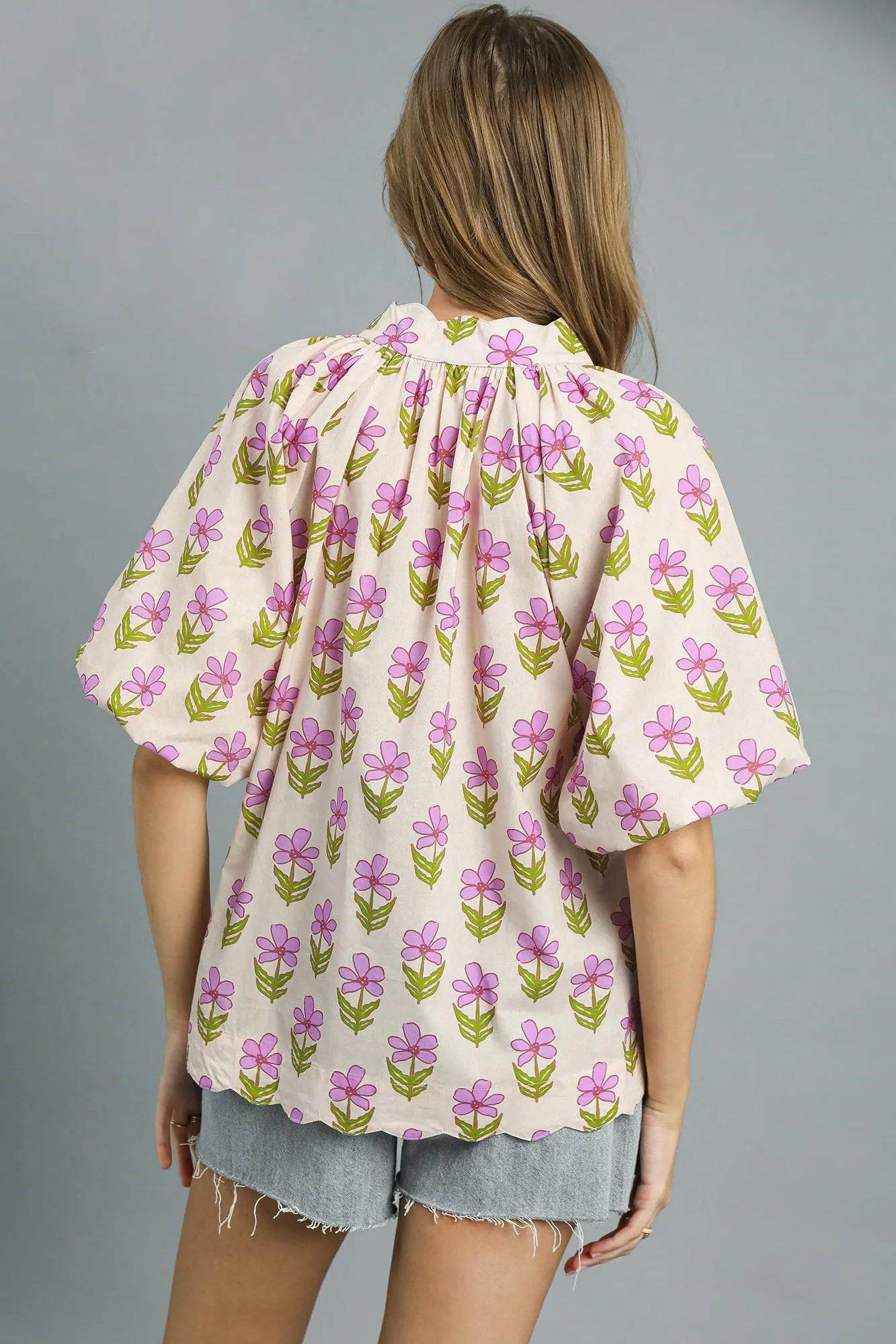 Umgee Floral Print Puff Sleeve Blouse
