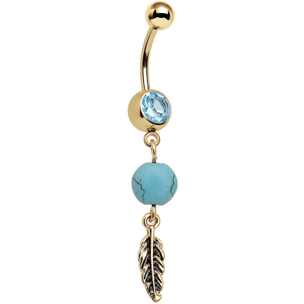 Faux Turquoise Gold Anodized Freedom Feather Dangle Belly Ring
