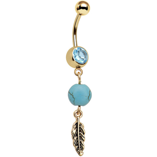 Faux Turquoise Gold Anodized Freedom Feather Dangle Belly Ring