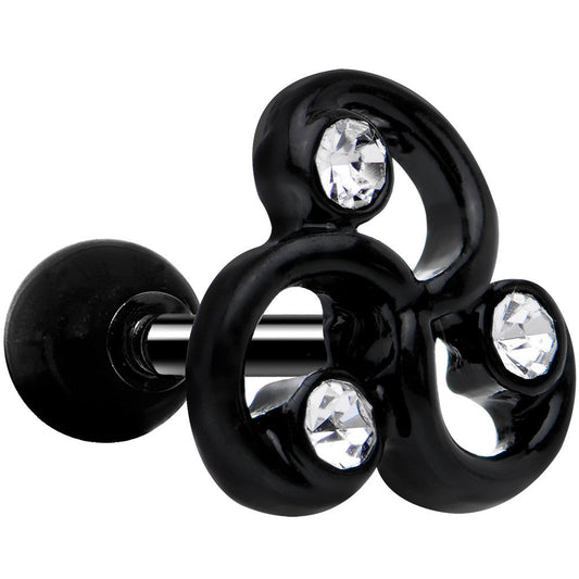 16G 1/4 Clear Gem Black Trinity Swirl Tragus Cartilage Earring