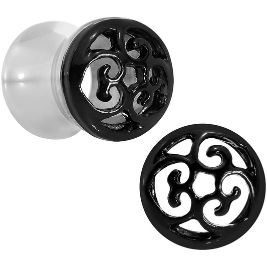 0G Steel Black Filigree Duet Heart Saddle Plug Set