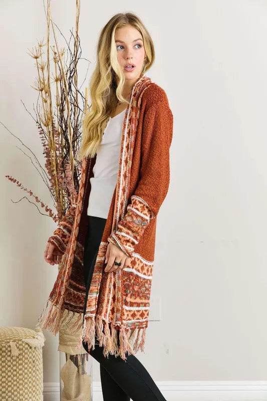 ADORA Full Size Fringe Hem Aztec Border Cardigan Plus Size
