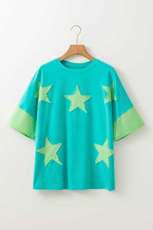 Etta Frayed Denim Star Patched Oversize Top