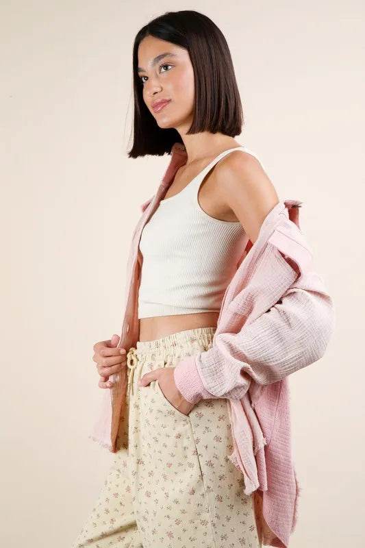 VERY J Mineral Washed Oversized Gauze Shacket
