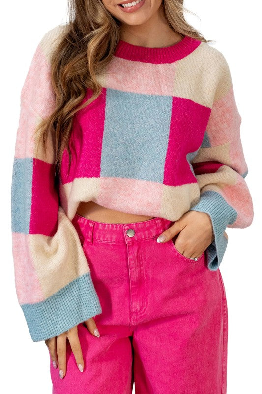 Rose Red Color Block Drop Shoulder Loose Fit Sweat
