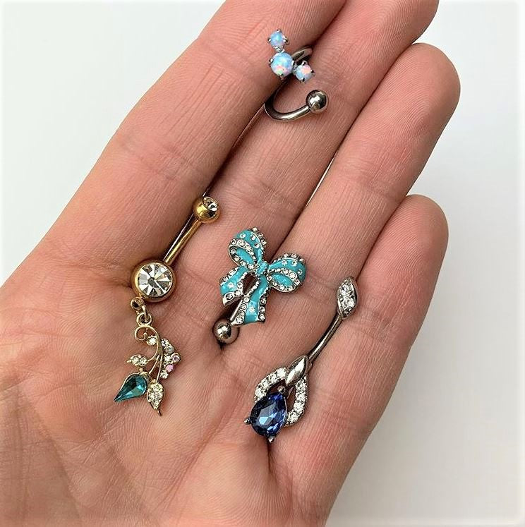 Blue CZ Gem Art Deco Drop Glamour Double Mount Belly Ring