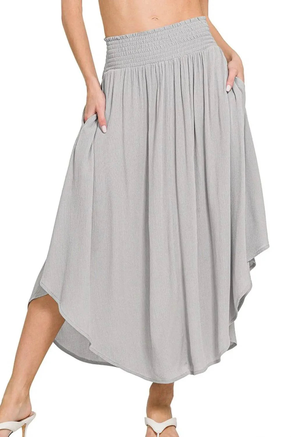 Zenana Woven Crinkle Smocked Waist Maxi Skirt W Pockets