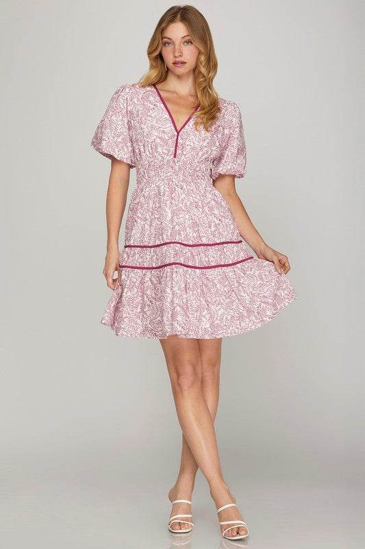 She + Sky Full Size Printed V-Neck Puff Sleeve Tiered Dress Plus Size