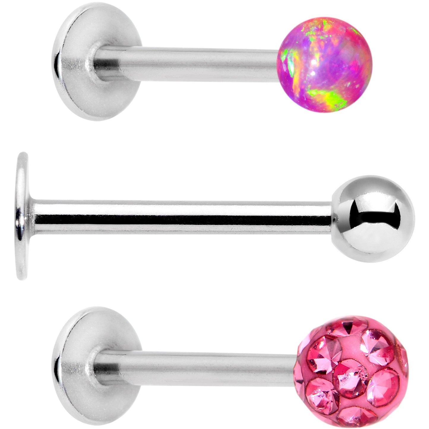 16G 3/8 Pink Faux Opal Ball Labret Monroe Tragus 3 Pack Set