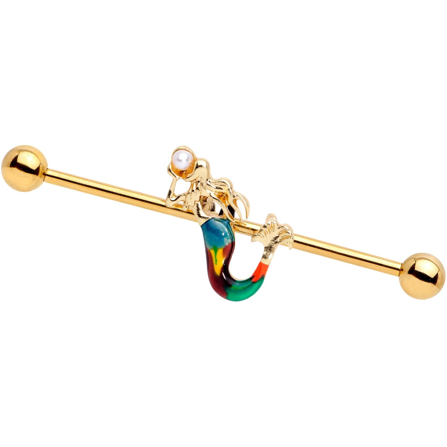 14G White Orb Gold PVD Rainbow Mermaid Industrial Barbell 38mm