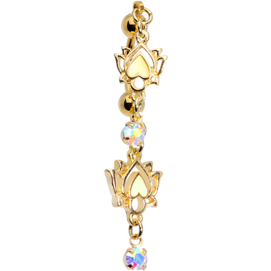 Aurora Gem Gold PVD Peaceful Lotus Flower Dangle Top Mount Belly Ring
