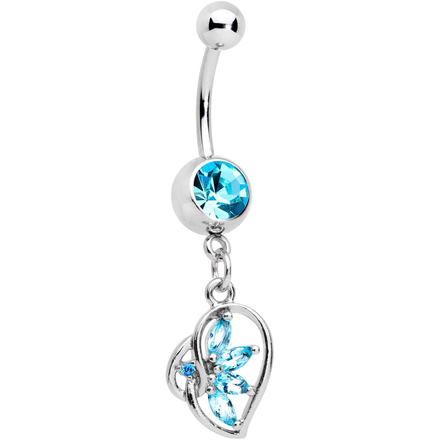 Aqua CZ Gem Twisted Heart Splash Dangle Belly Ring
