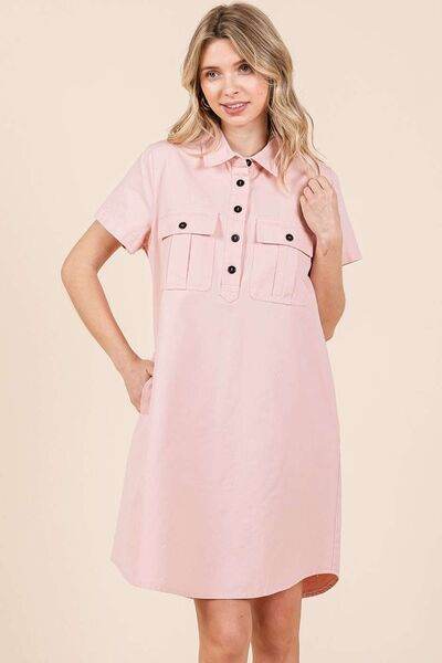 Mittoshop Button Detail Collared Neck Short Sleeve Shirt Dress