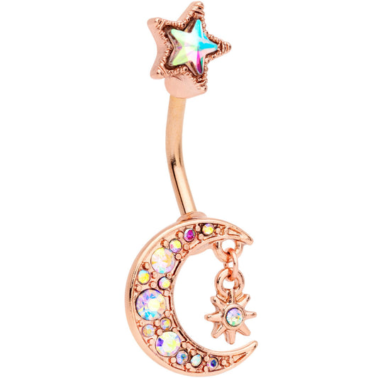 Aurora Gem Rose Gold Tone Moon and Star Double Mount Belly Ring