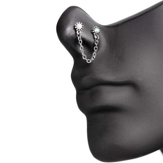 20G 1/4 White Synthetic Opal Chain Dangle Double Nose Bone