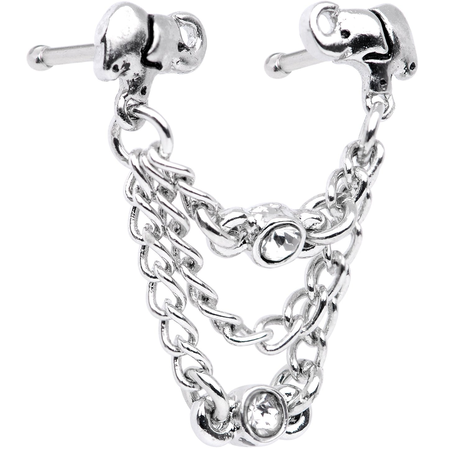 20G 1/4 Clear Gem Elephant Chain Dangle Double Nose Bone