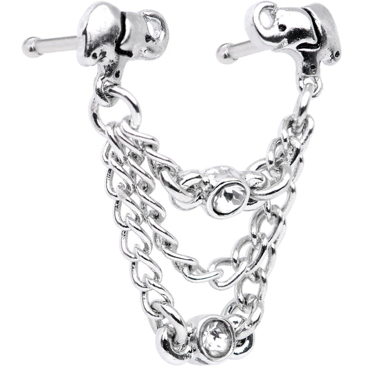20G 1/4 Clear Gem Elephant Chain Dangle Double Nose Bone